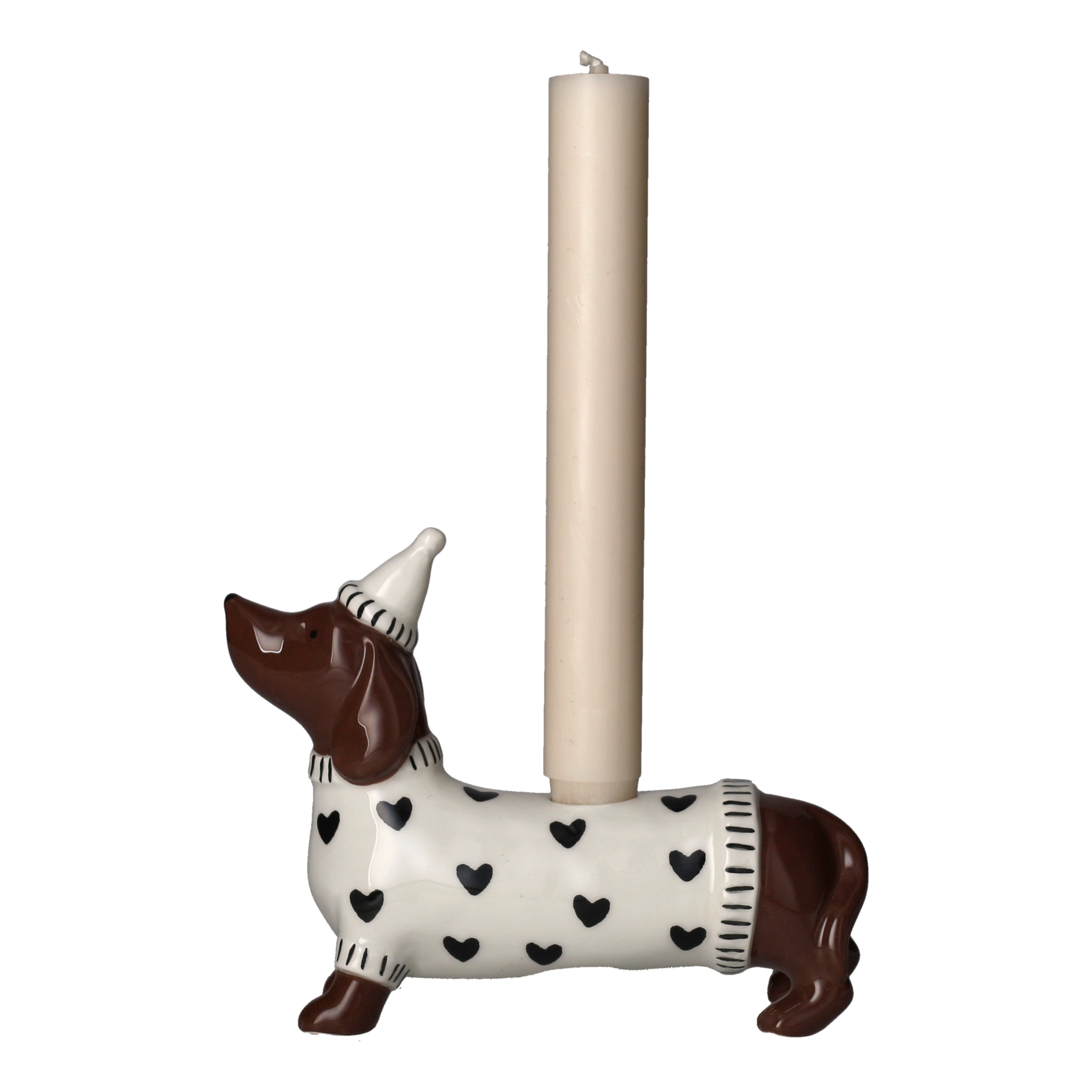 Kerzenhalter, Hundestatuette, Keramik, Weiß mit Herzen, großer Kerzenhalter