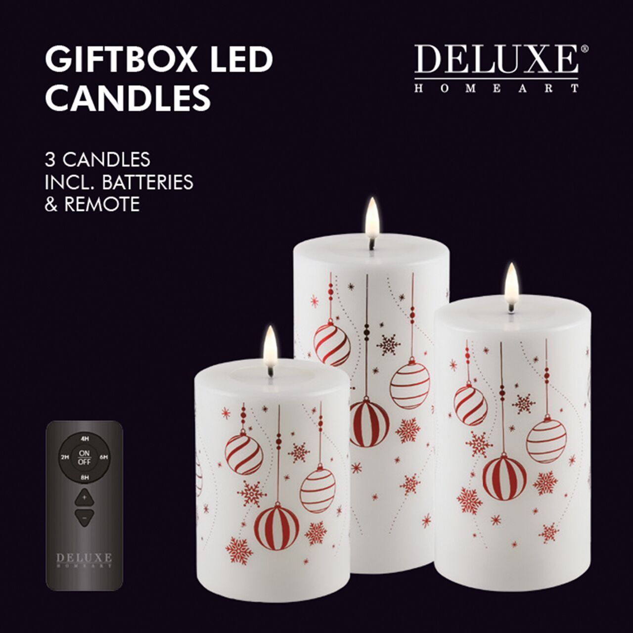 rot Weihnachts-Giftbox Stumpenkerzen LED weiß/rot mit Aufdruck