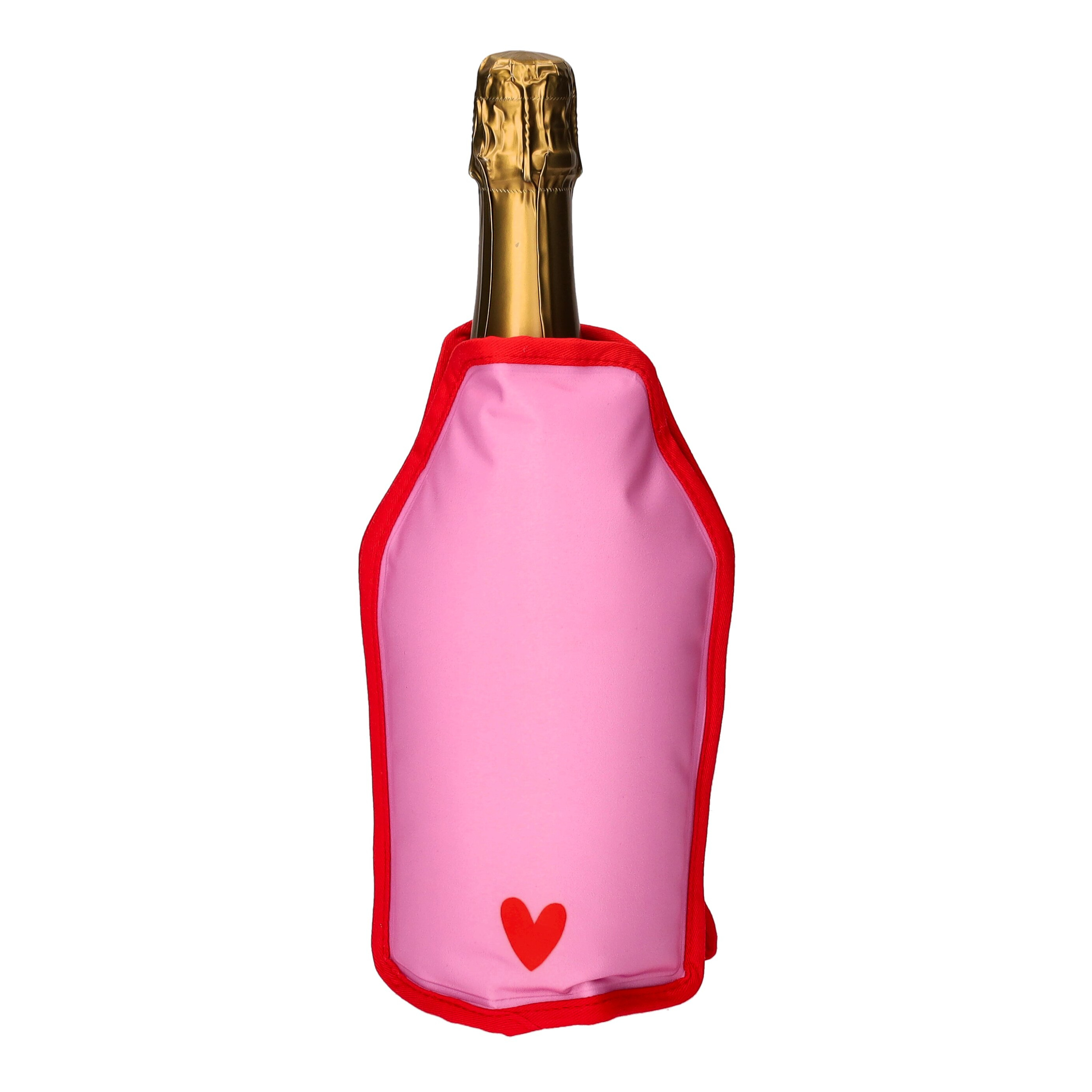 champagne bottle, pink sleeve, red trim, heart motif, bottle cover