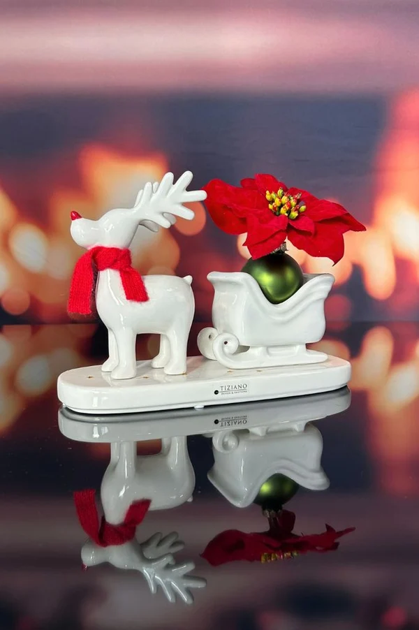 Rentier Rudolph mit Schlitten auf Platte Weihnachtsdeko, Rentier, Schlitten, Poinsettia, Weihnachtsfigur