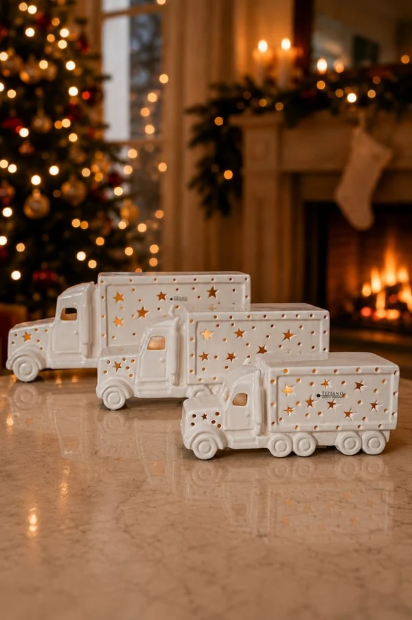 Weihnachtsdeko, Lastwagenfigur, Keramik-Lastwagen, Sternmuster, Weiße Deko