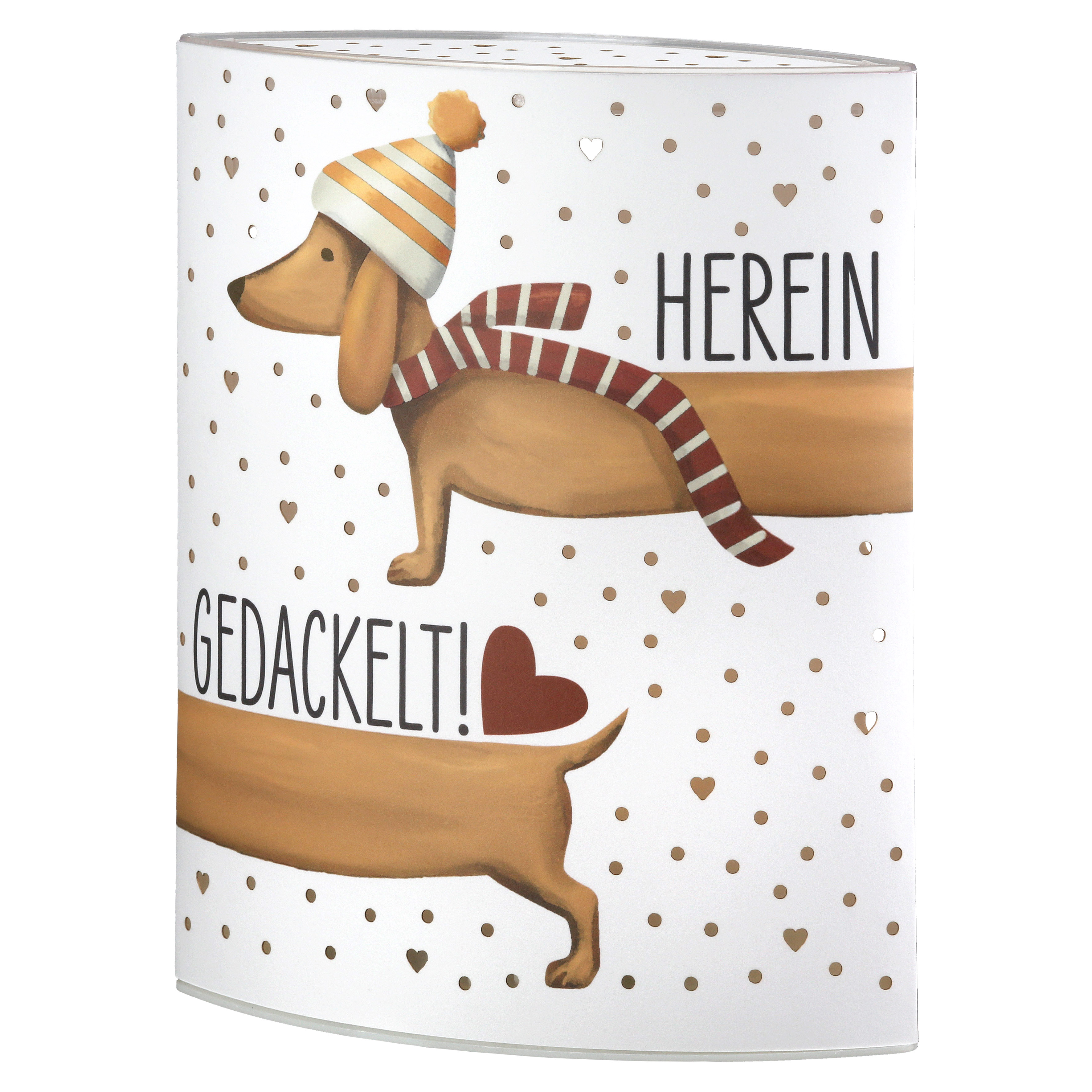 Dekoleuchte Dackel Frieda LED Papier weiß Hund, Winter, Schal, Herz, Gedacktelt