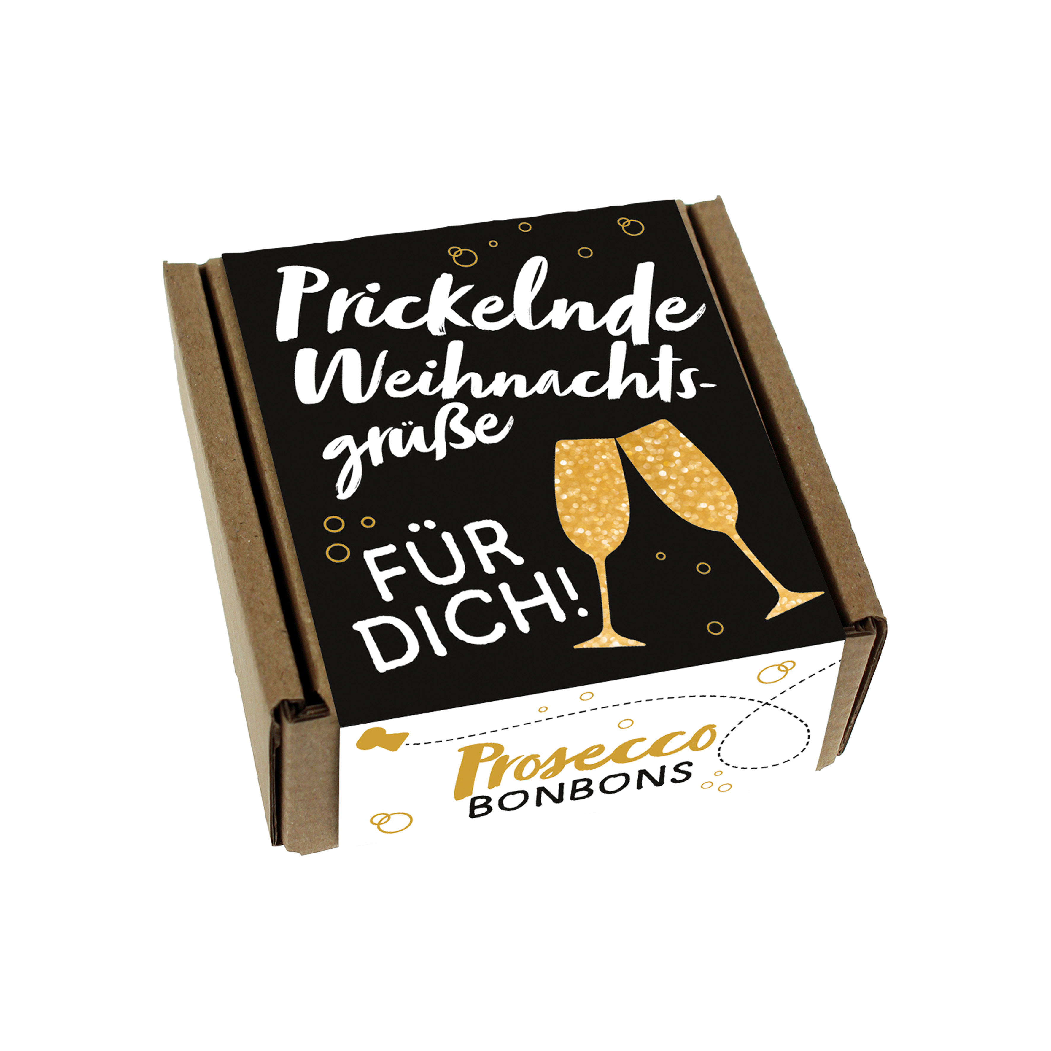 Prosecco Bonbons "Prickelnde Weihnachtsgrüße" Prosecco, Bonbons, Wein-Accessoire, Gläser, Feier-Set