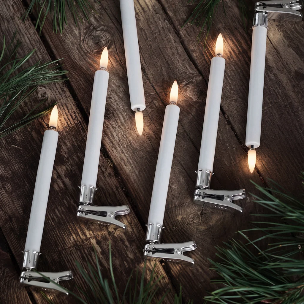 LED mini Spitzkerze mit silbernen Clips, Weiß, 6er-Pack kerzen, edelstahlclip, candela, tischdekoration, holzuntergrund