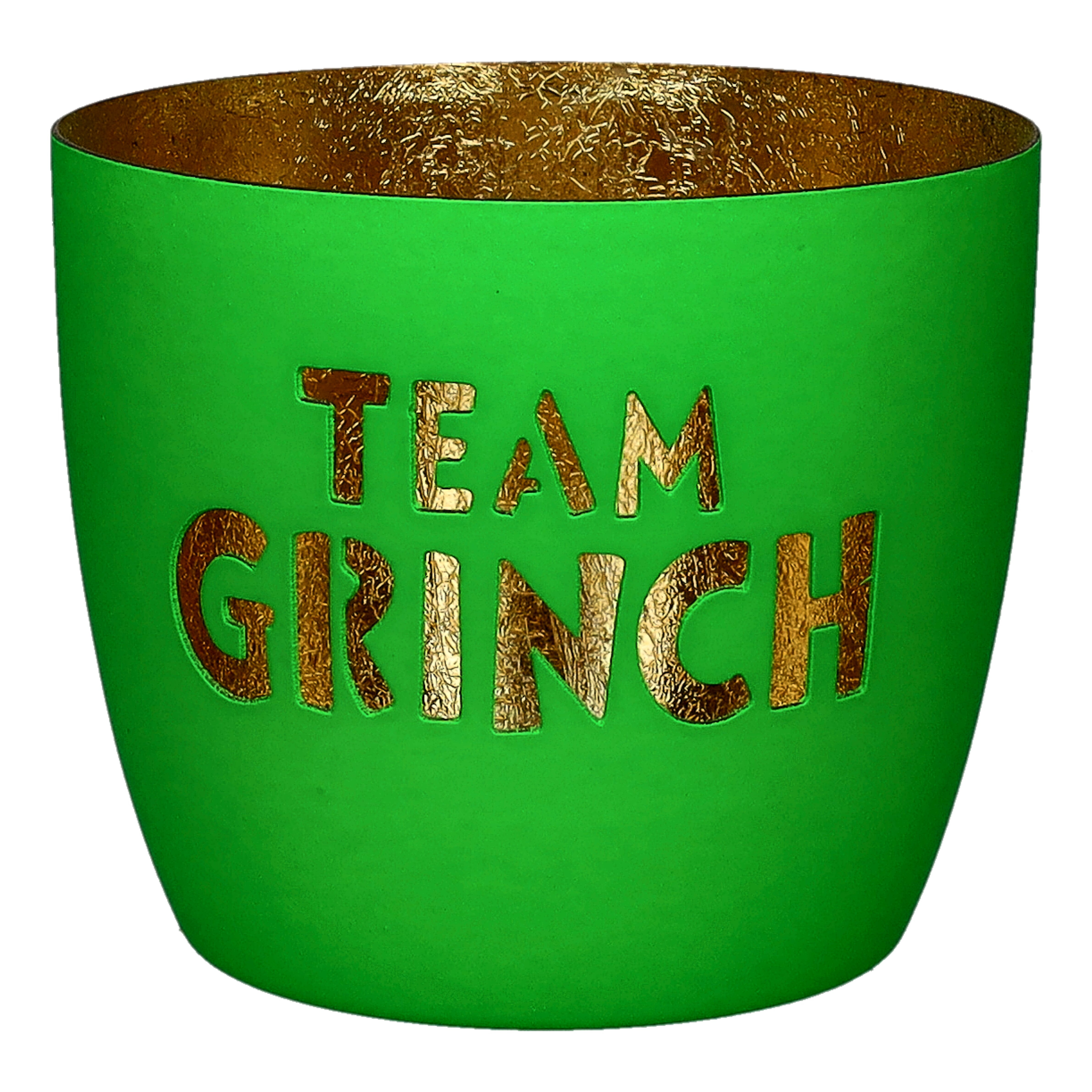 Madras Windlicht M mit Motiv Team Grinch in neon grün/gold Becher, Grüner Becher, Goldener Schriftzug, Team Grinch, Tasse