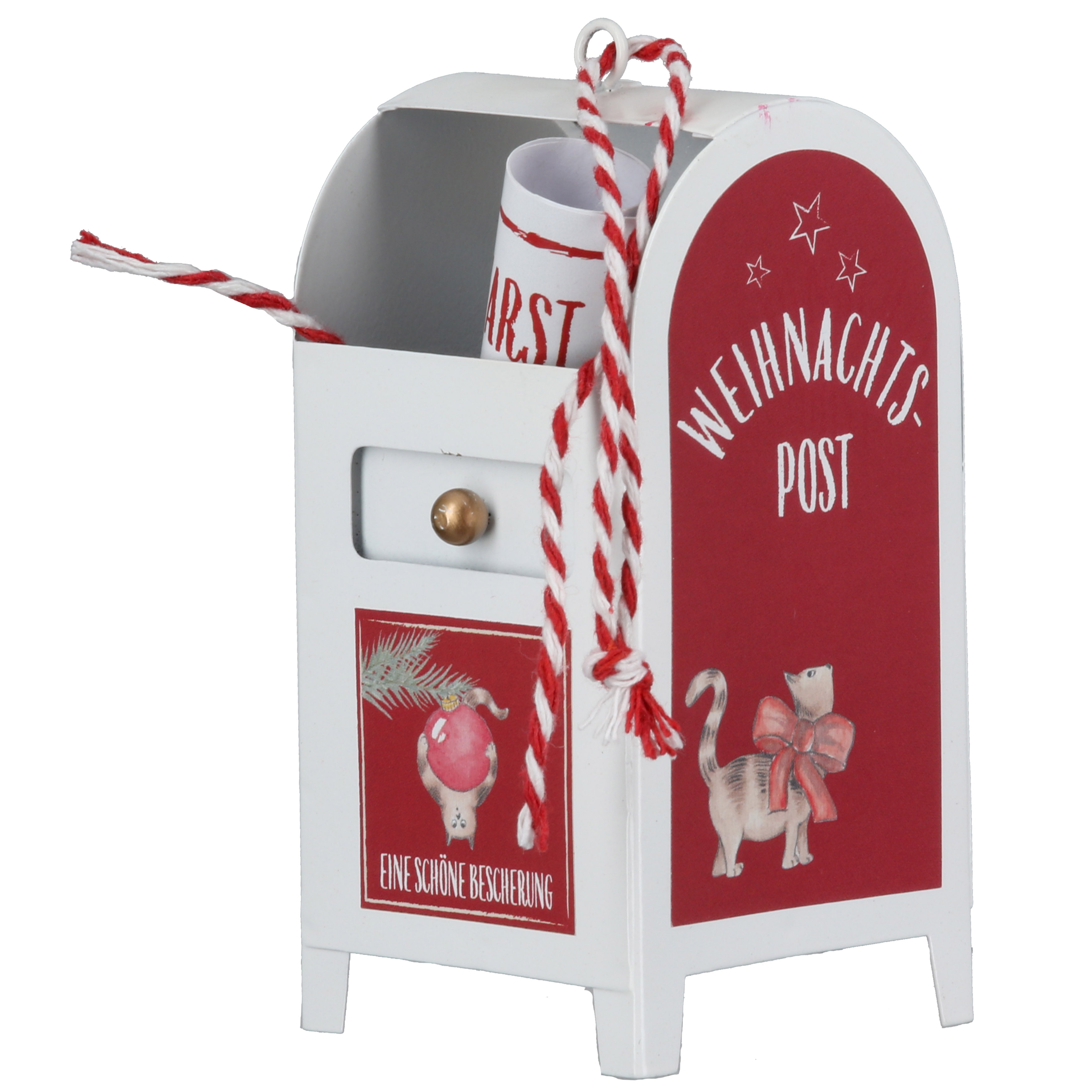 Grußkarte Briefkasten Miezi weiß Weihnachtsbox, Post, Holzbox, Weihnachtsschrift, Kette