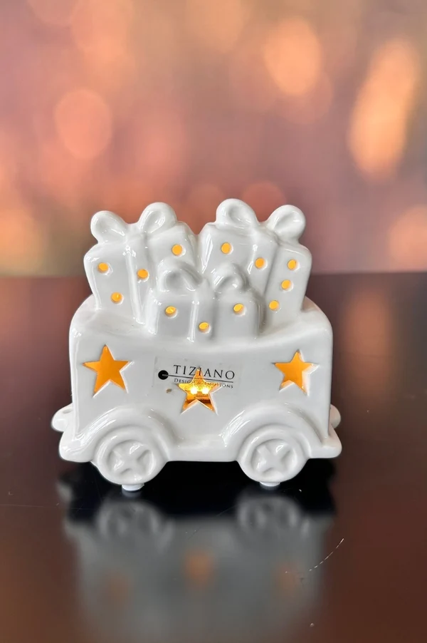 Deko Zug Lukas 4tlg LED cremeweiß keramik, Kerzenhalter, Zug, Sterne, Dekoration