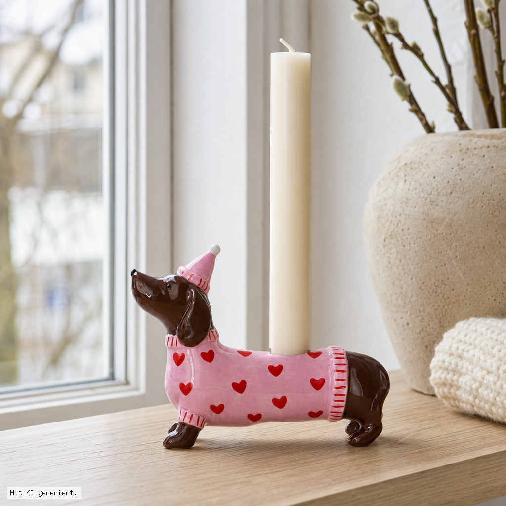 Deko-Licht, Hund Figur, Kerzenhalter, Pullover-Muster, Rosa, Herz Muster