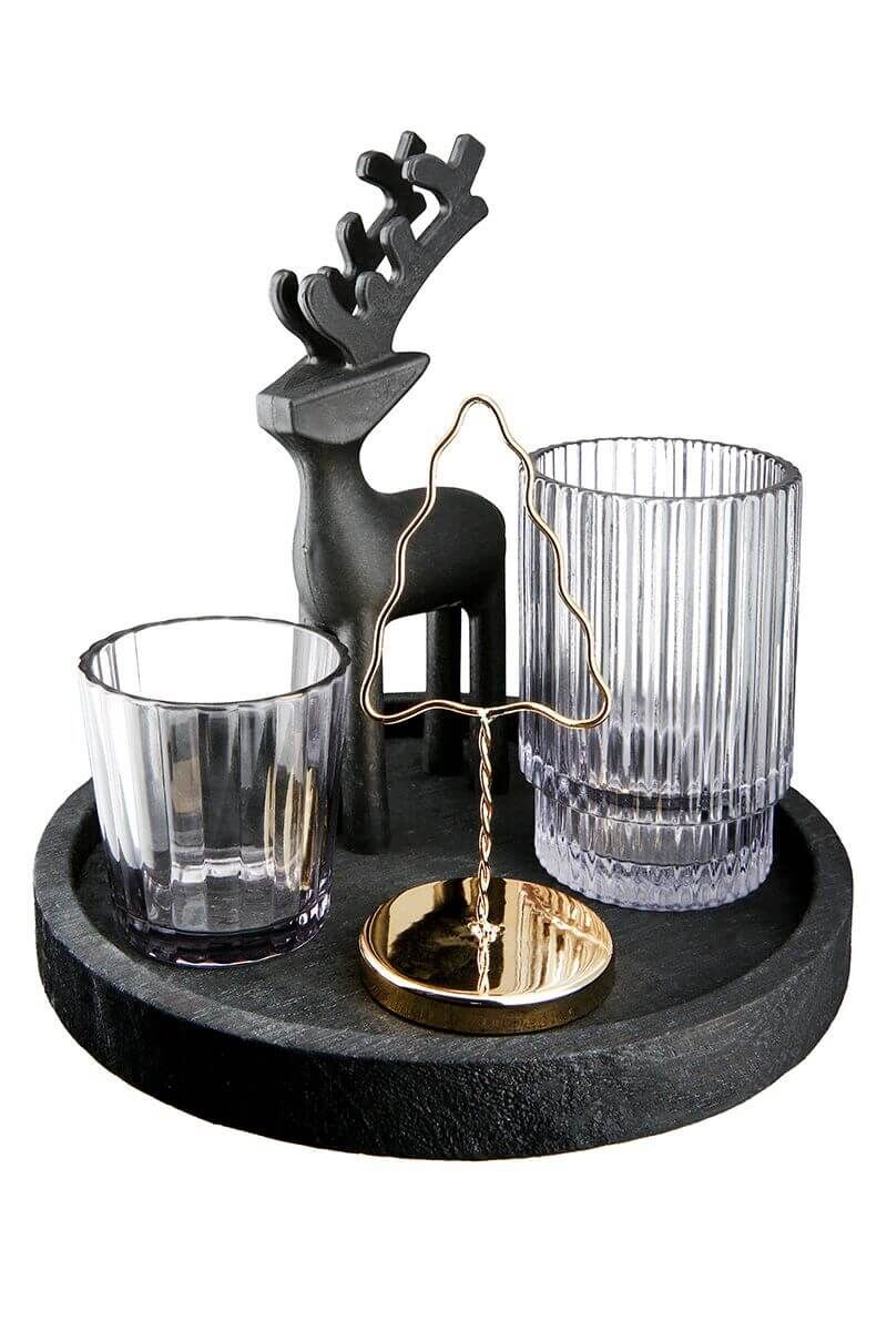 5er Ensemble auf Tablett "Golden Tree" Bronze, Pokal, Rauchrohr, Glas