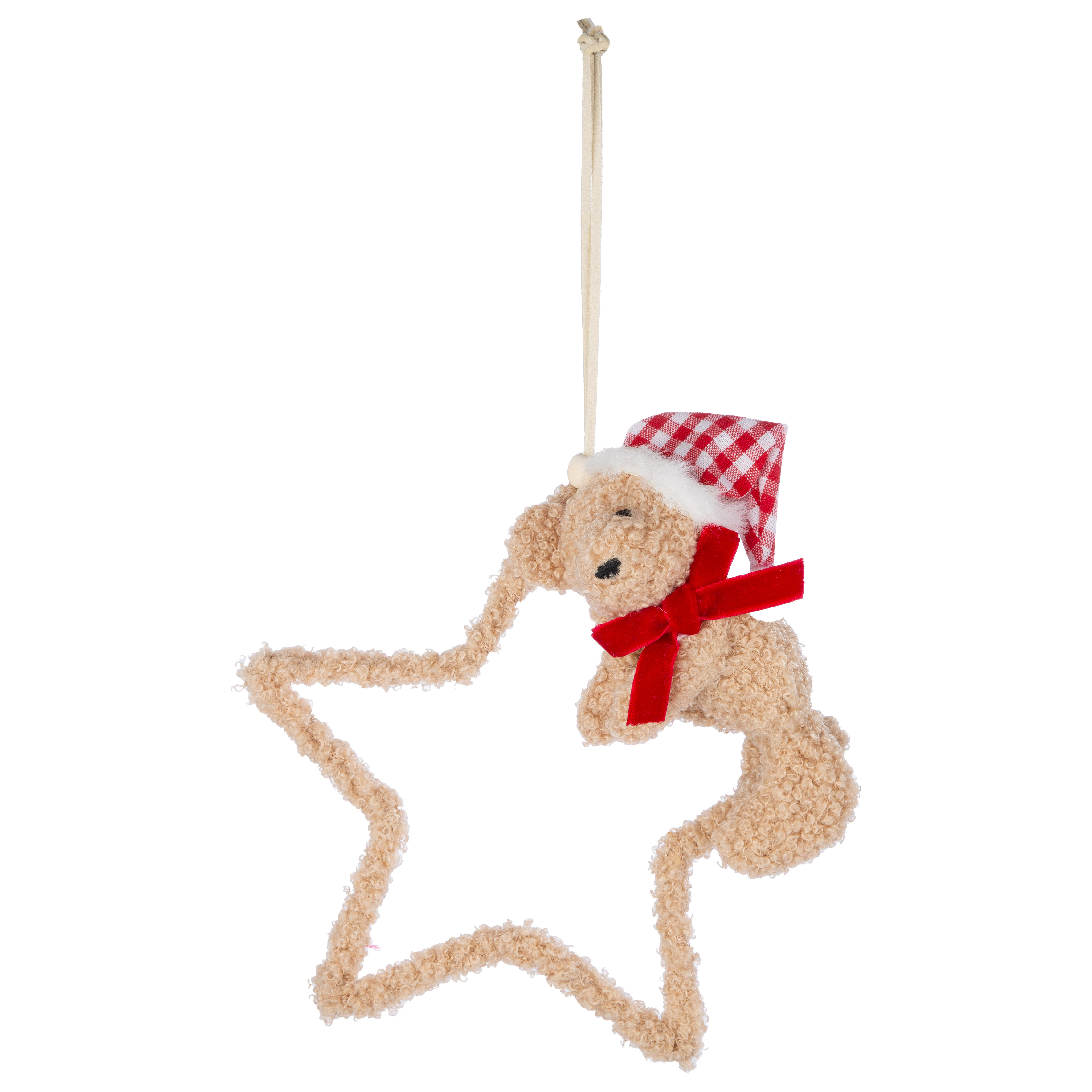 Weihnachtsornament, Sternanhänger, Stofftier, Rentier, roter Knoten