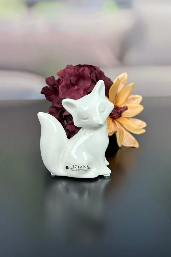 Fuchskind Roxy sitzend 10cm cremeweiß katzenfigur, keramikdekoration, weiße skulptur, figur, tiziano design
