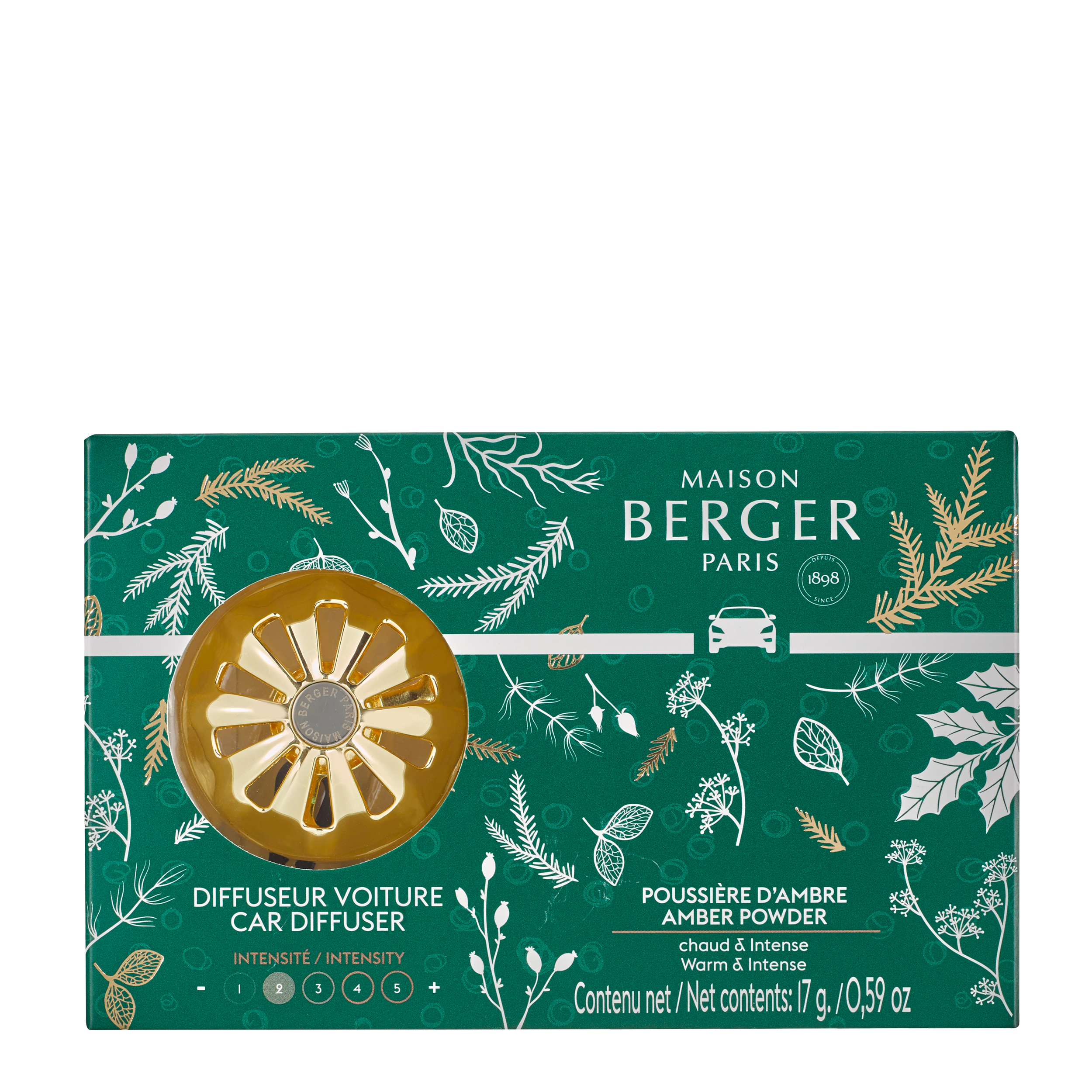 Auto-Diffusor, Amberpulver, Goldenes Ornament, Grüne Verpackung, Maison Berger Paris