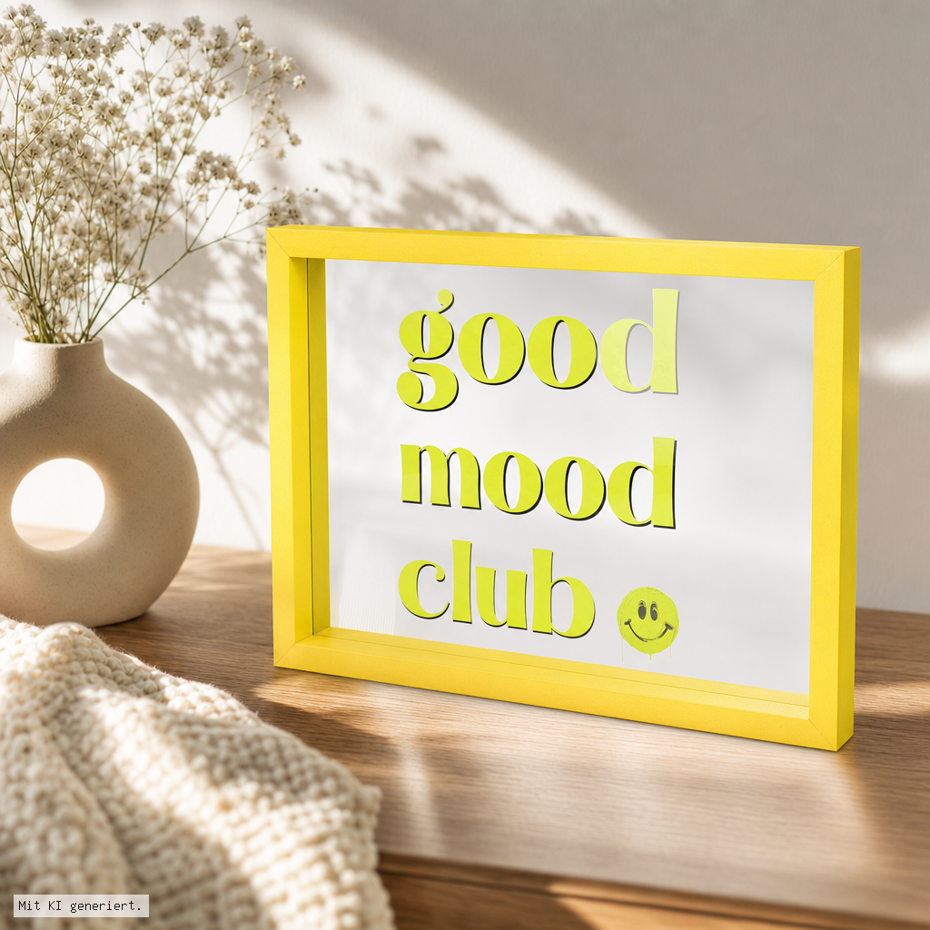 Love Frames Glasbild Good mood club gelb 35x26x4cm gelber rahmen, schilder, gute laune, text schild, wohn-dekor