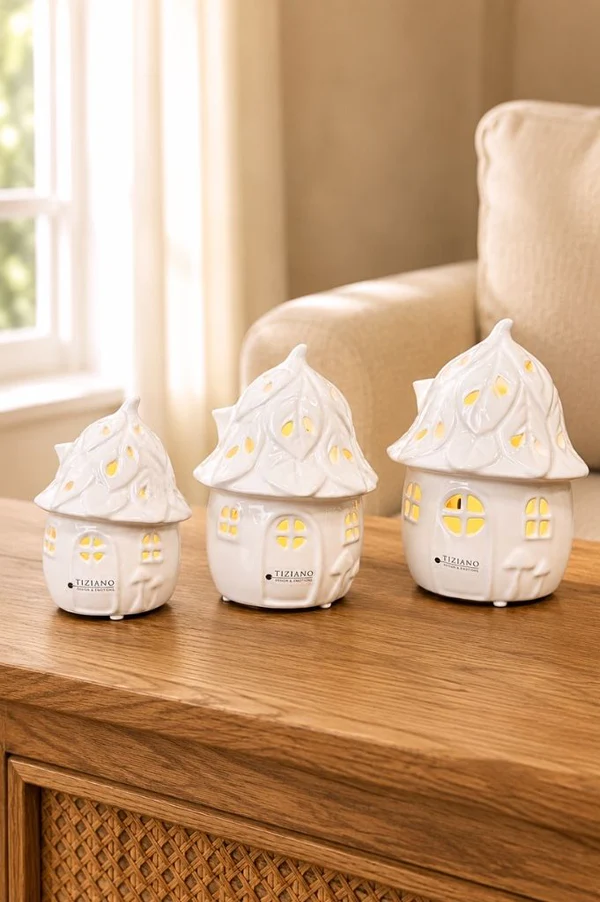 Lichthaus Marisa 13cm LED cremeweiß Porzellanhäuschen, Deko-Glasstein, Lichterhaus, Haus-Lampe, Kerzenhalter