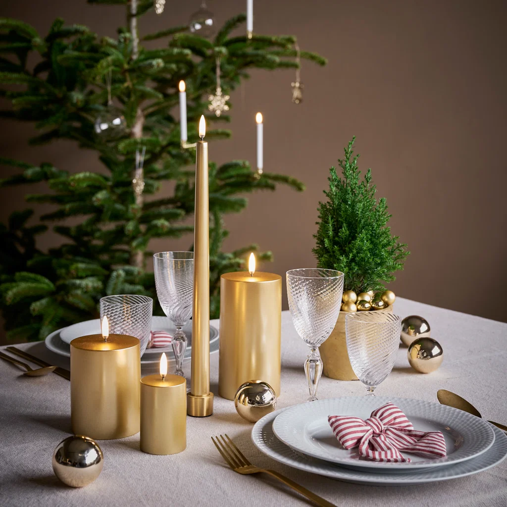 Piffany LED Stumpenkerze Gold Finish, glatt, 5x7,5cm Weihnachtsdeko, Tischdeko, Goldene Kerzen, Kandelaber, Tischdeko-Grün