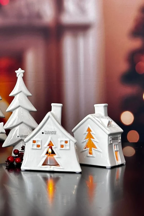 Teelichthaus Oliveto breit cremeweiß