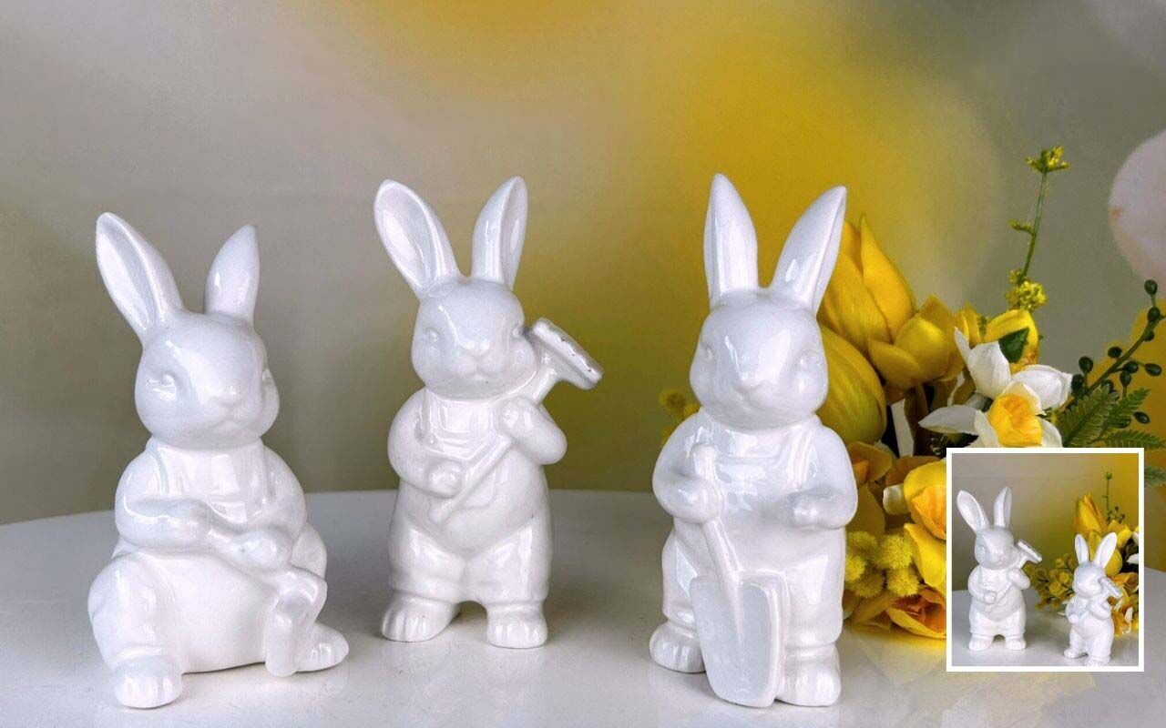 Hase Gino mit Schaufel 8cm cremeweiß Spielzeug, Kunst, Figur, Porzellan, Blumen-Arrangement