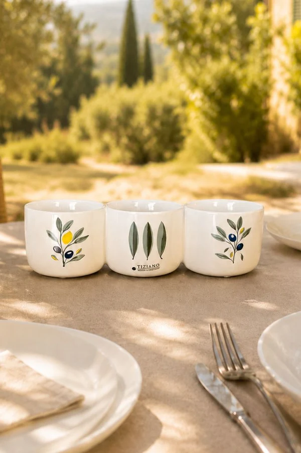 Tassen, Ton-auf-Ton-Design, Olivenzweig-Muster, Keramik-Set, Tiziano-Brand? (unsicher)