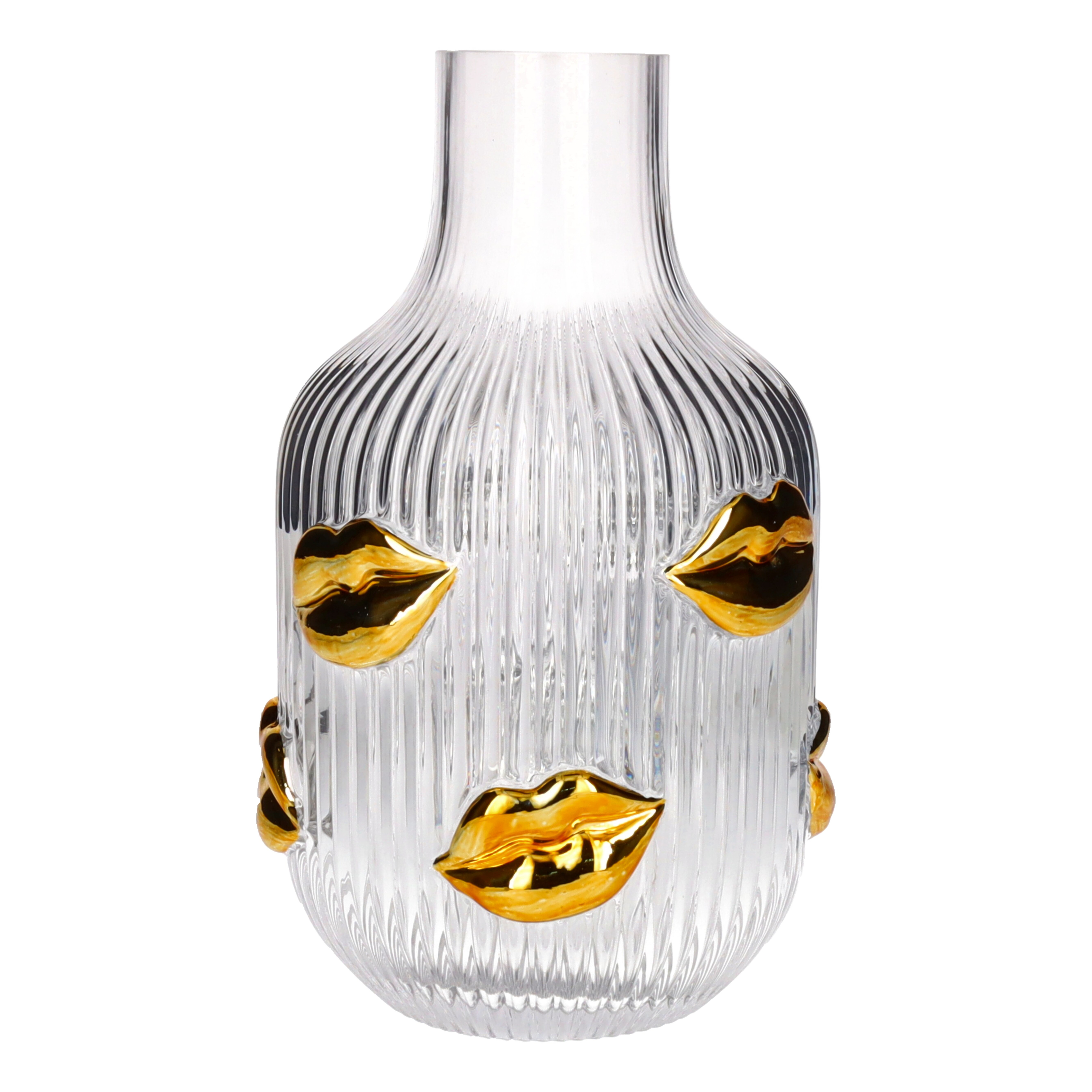 L´amour Vase mit goldenen Lippen, 25cm, transparent Vase, Glasvase, Rillendes Muster, Transparente Vase, Goldakzente