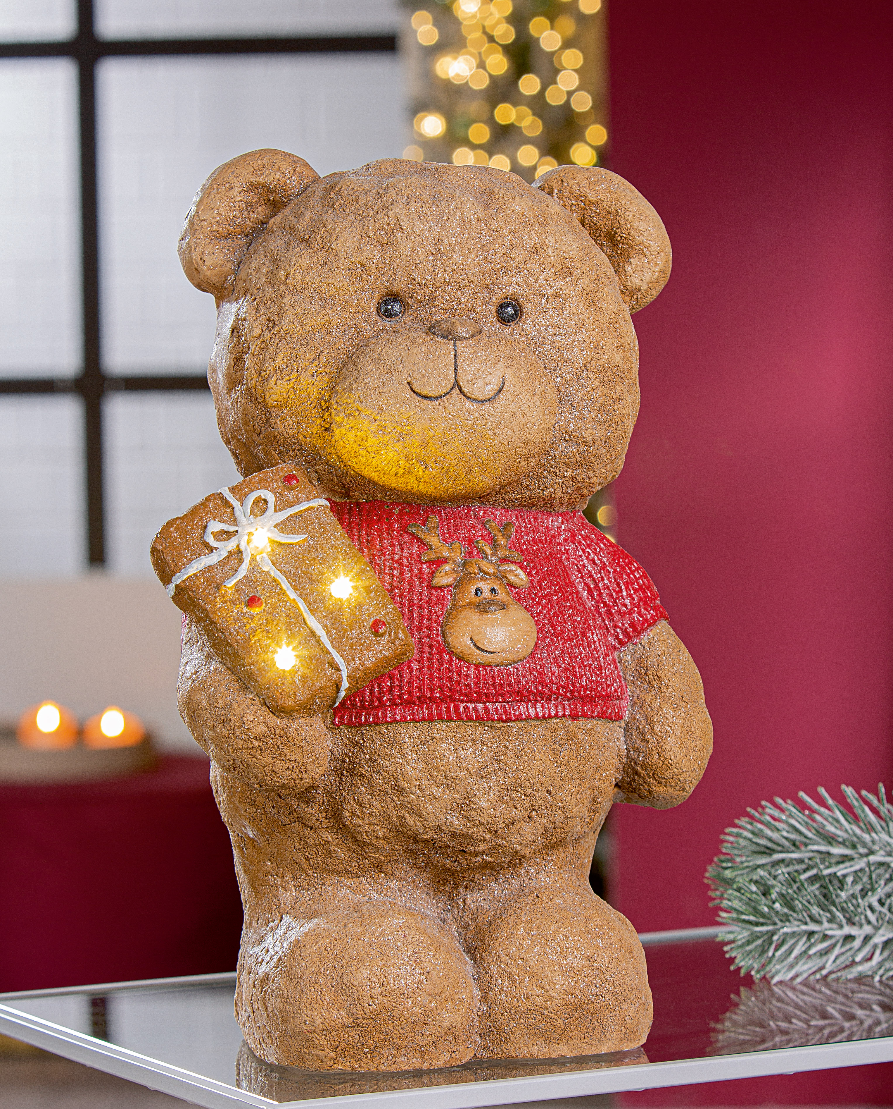 Dekofigur Bär Benno LED 35cm Magnesia Teddybär, Weihnachtsdeko, Ern Ornament, Geschenk, rote Pullover