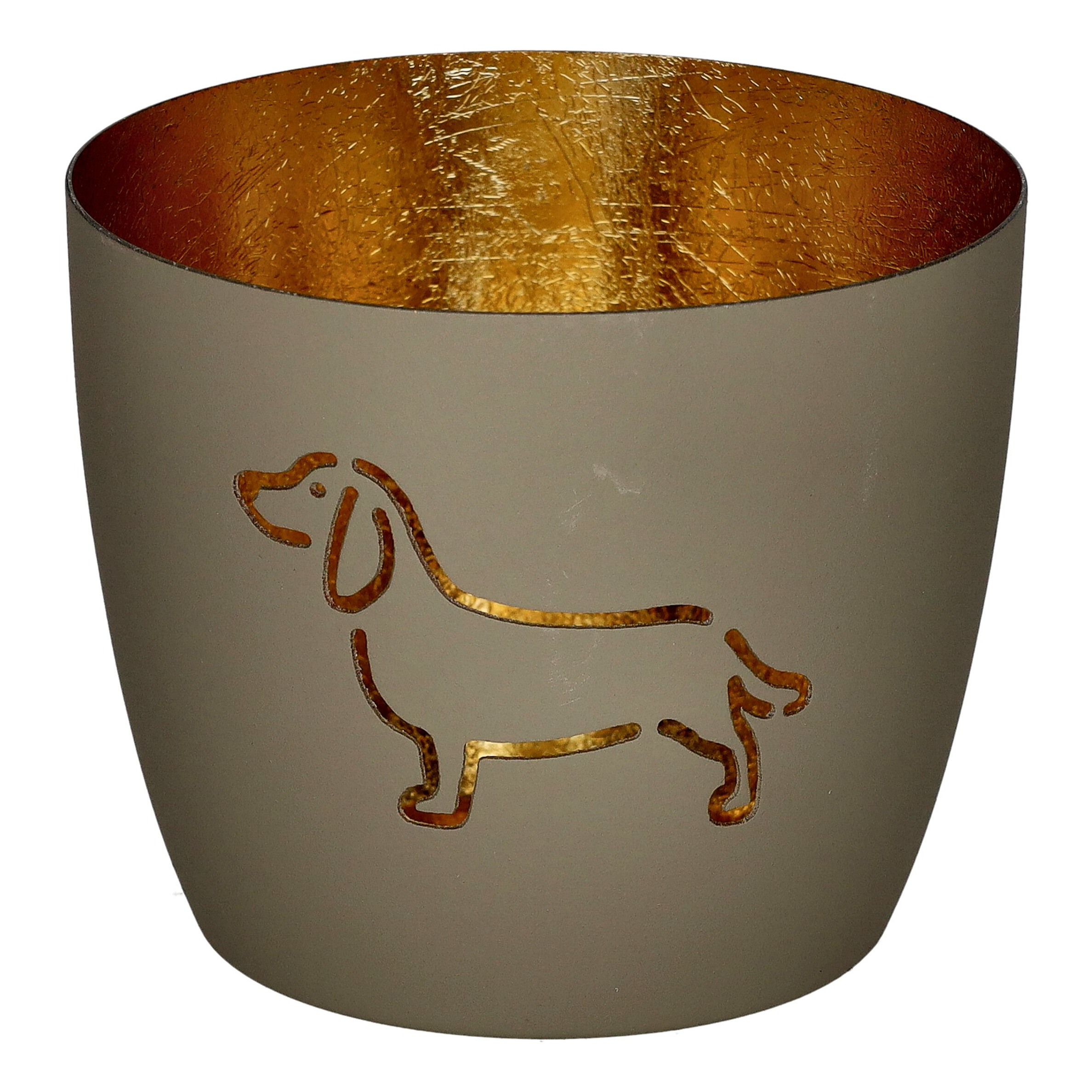 Madras Windlicht M mit Dackel Motiv in sandstone/gold pflanzkübel, keramiktopf, goldenes innenleben, grau außen, hundemotiv