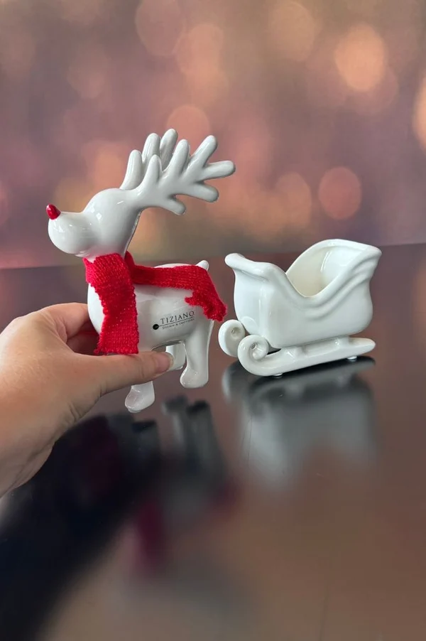 Weihnachtsdeko, Rentier, Schlitten, Porzellan, rot