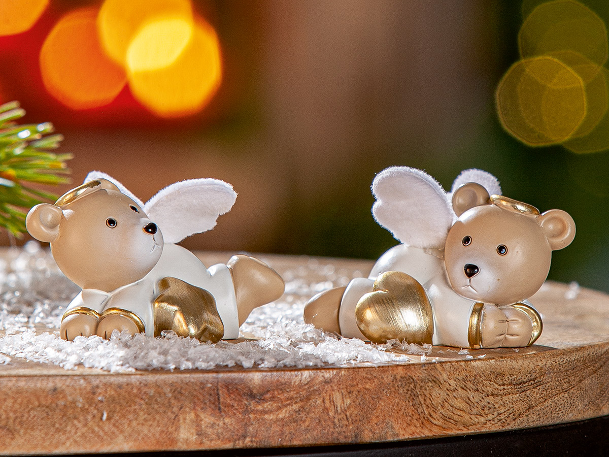 Dekofigur Bär Milo Herz liegend Engel Figur, Engelchen, Christbaumschmuck, Weihnachtsdeko, Goldene Akzente