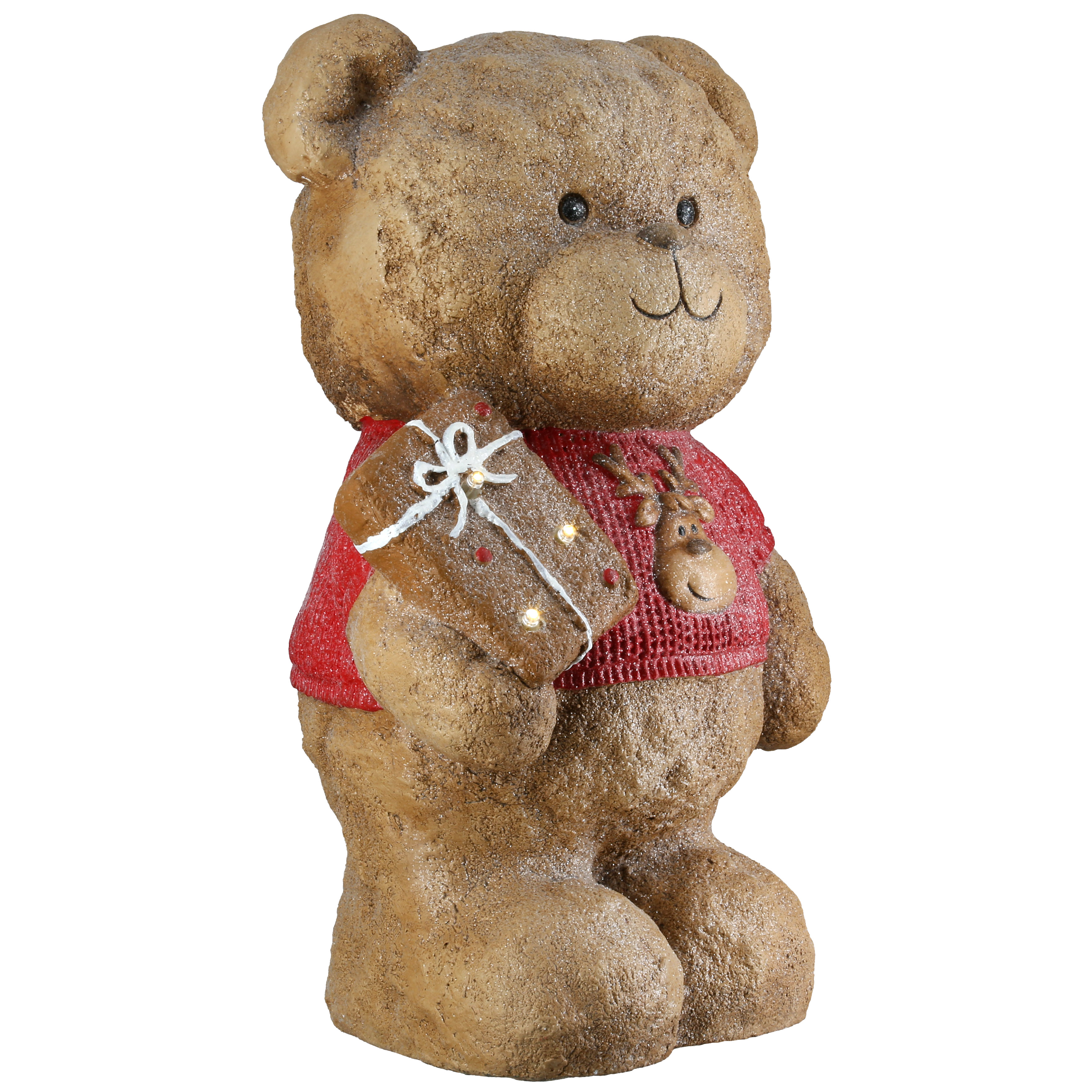 Dekofigur Bär Benno LED 35cm Magnesia Teddyfigur, Junge Weihnachtsfigur, rote Weste, Geschenkverpackung, Elch-Hänger