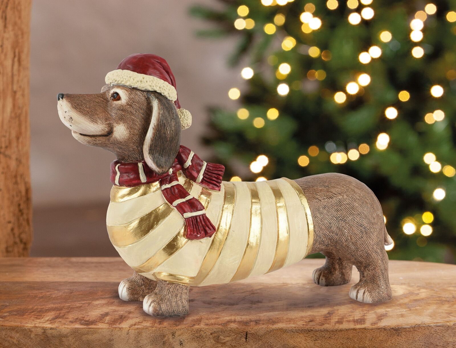 Hund Figur, Weihnachtsfigur, Dekoration, Gold Streifen, Rot-Schal