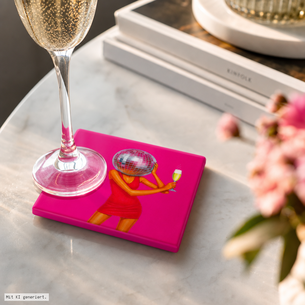 pink palette, glass of champagne, disco ball artwork, compact notebook, pink accessory