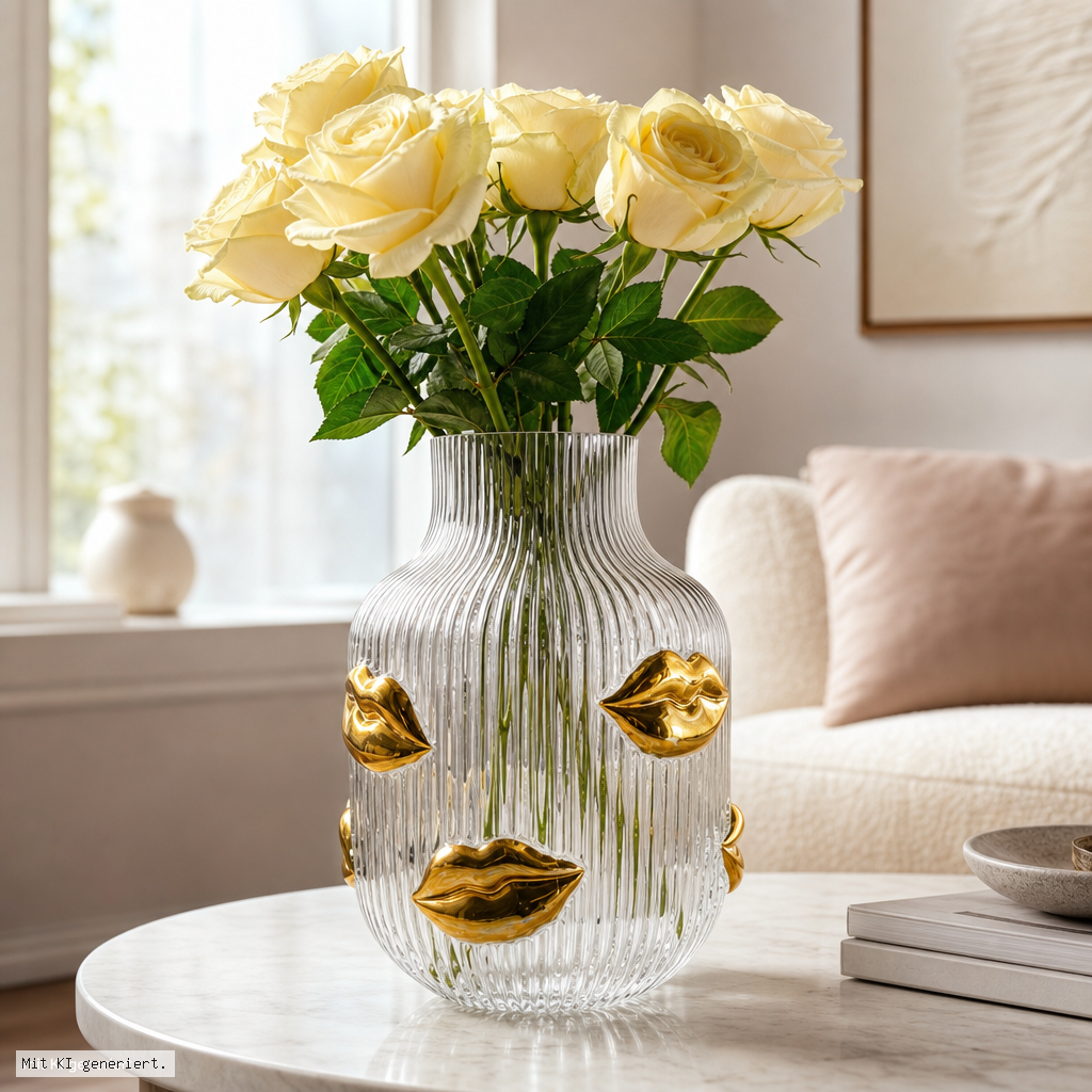 L´amour Vase mit goldenen Lippen, 30cm, transparent Vase, Glasvase, Rosen, Blumen, Gelbgoldene Akzente