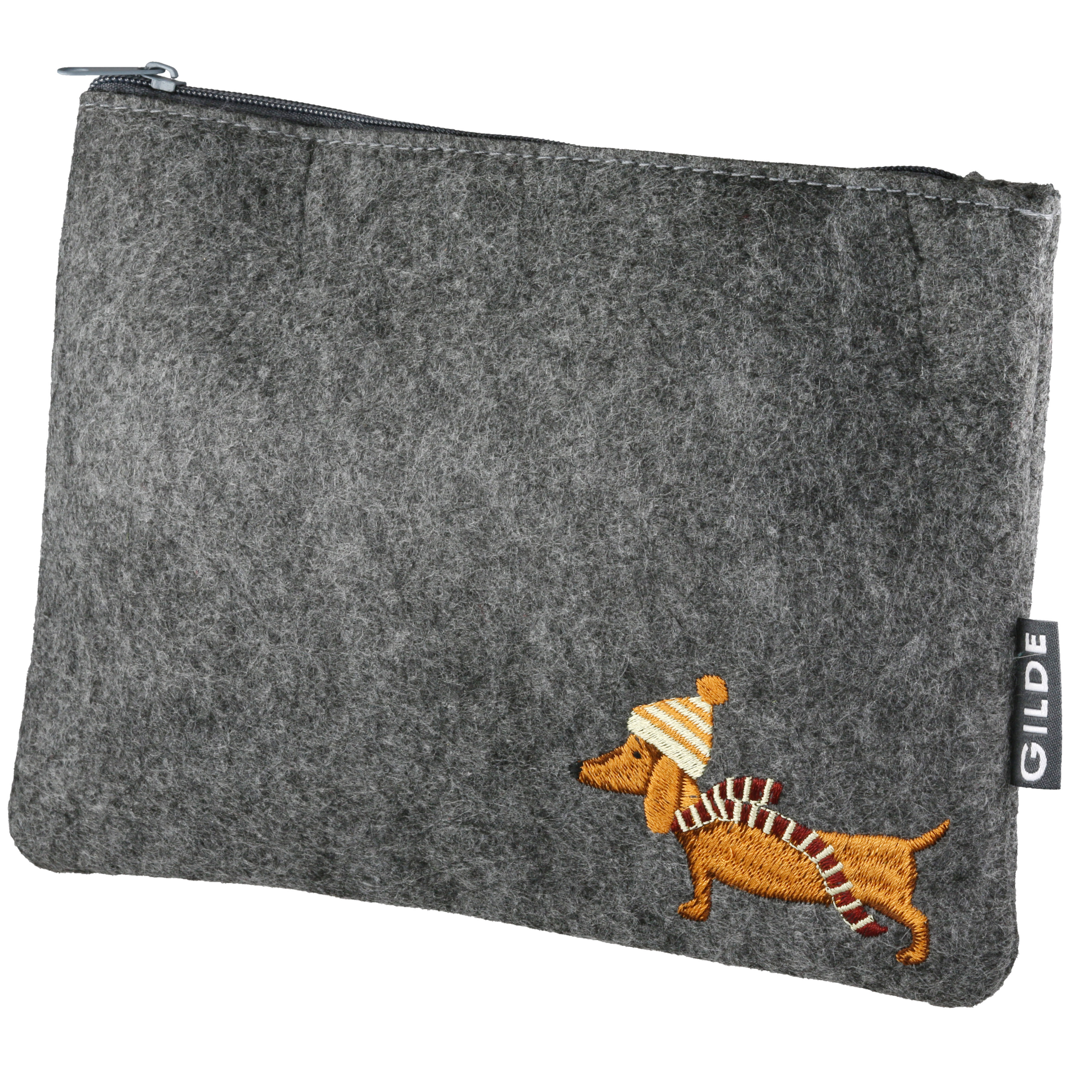 Tasche, Filz, Grau, Applikationshund, Reißverschluss