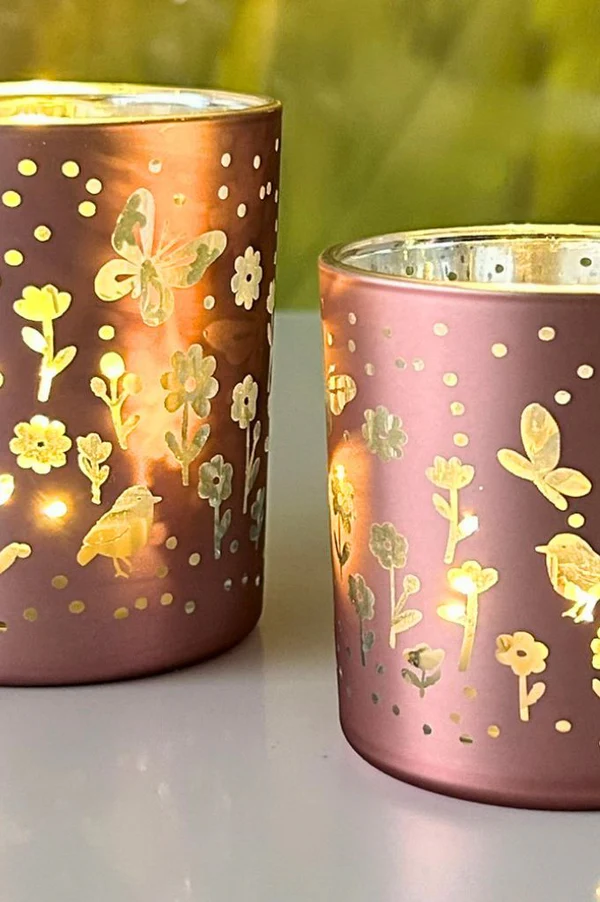 Teelichthalter Polline 10cm rosa Kerzen, Votivkerzen, Metall, Blumenmuster, goldene Muster
