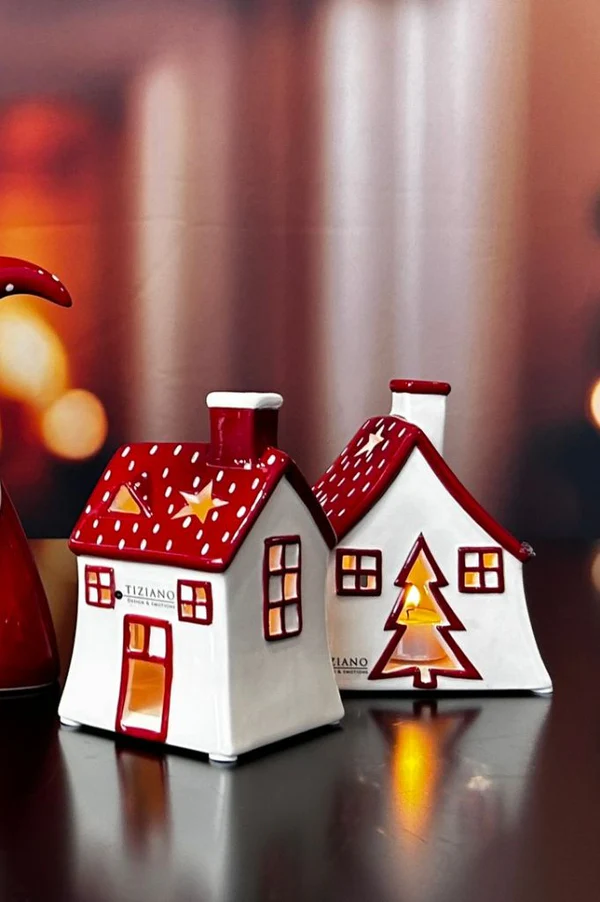 Teelichthaus Oliveto breit rot/cremeweiß