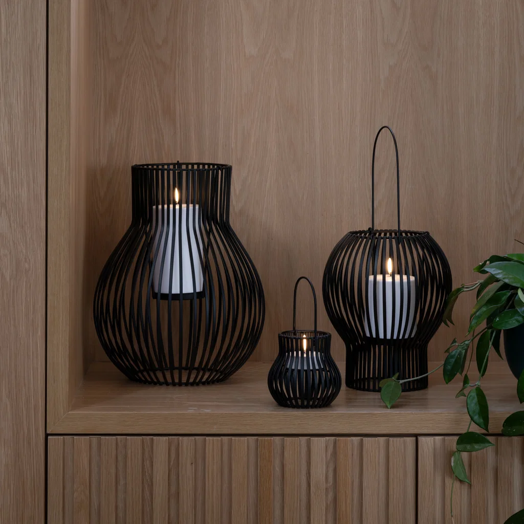 Laterne, LED-Laterne, Korb-Laterne, Schwarz, Kaminleuchte
