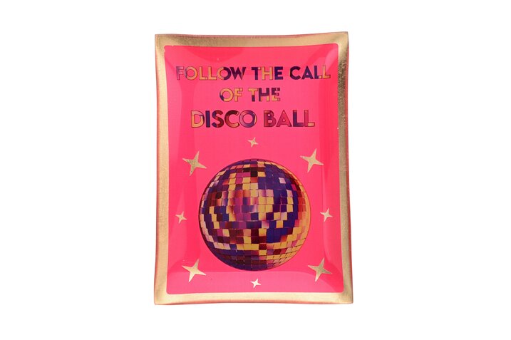 Love Plates Glasteller M mit Motiv Follow the call of the disco ball Disco Ball, Glitter Geschenktüte, Pinkes Packpapier, Folienrand, Runde Spiegelkugel