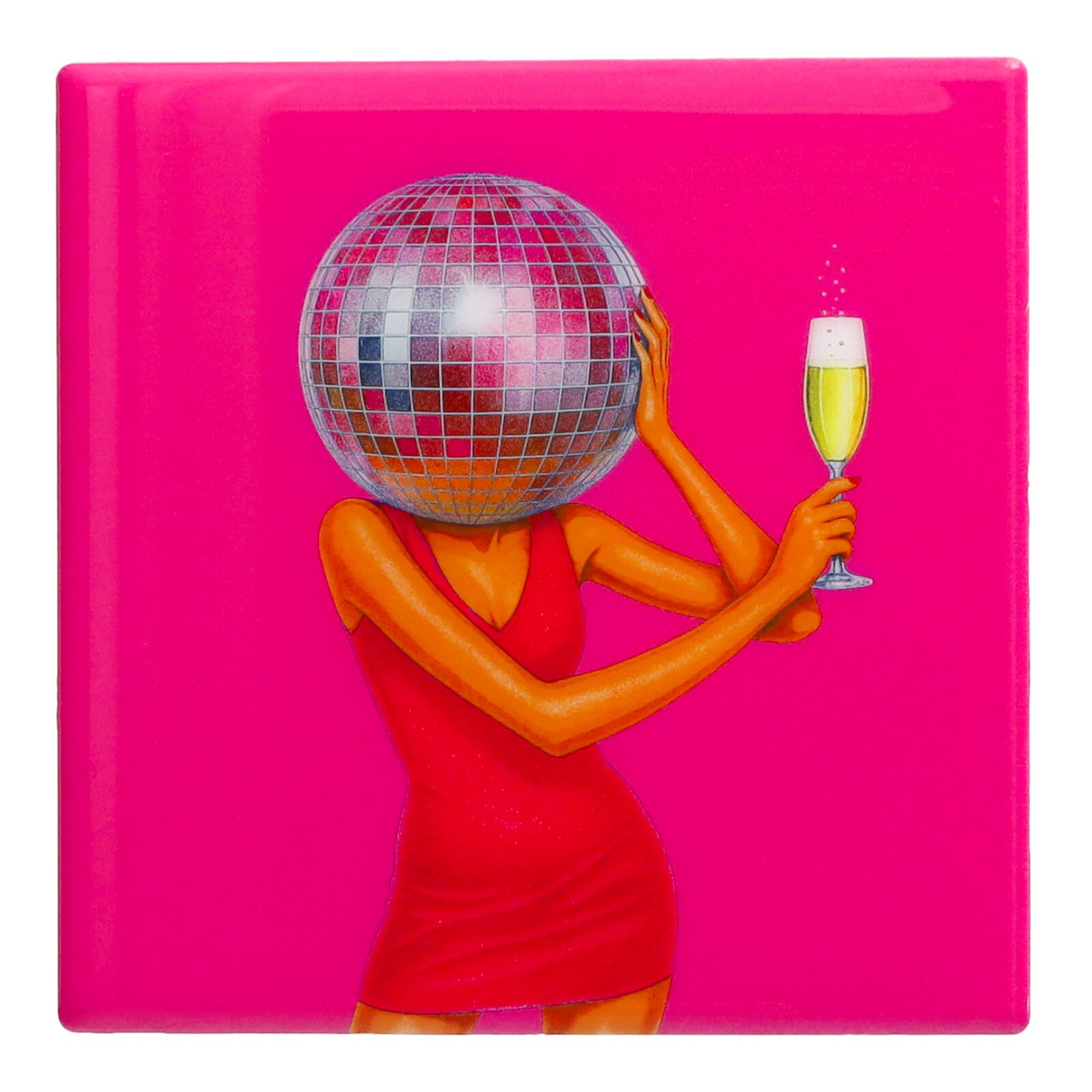 Disco ball, Pinker Hintergrund, Damenfigur, roter Kleid, Champagnerglas