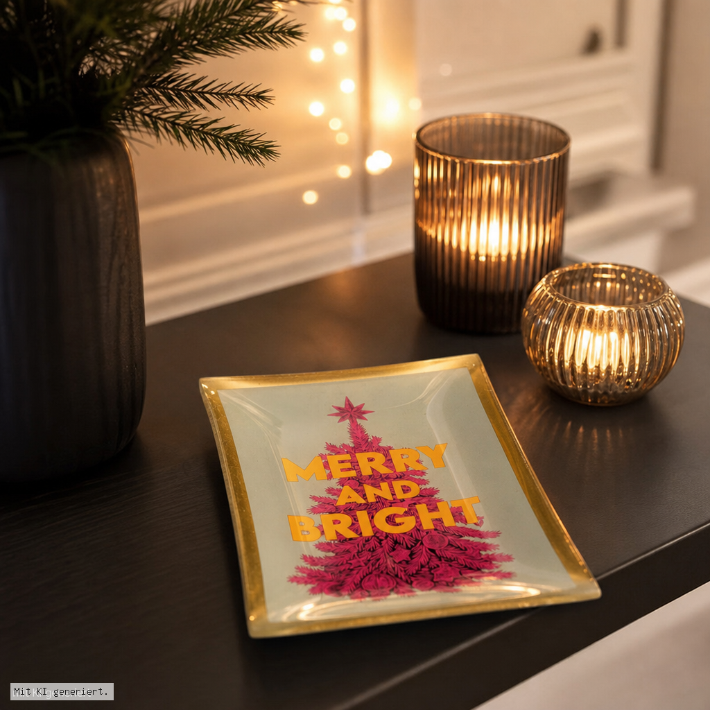 weihnachtsdeko, fotoplattform?, merry and bright, kerze, platte mit goldrand
