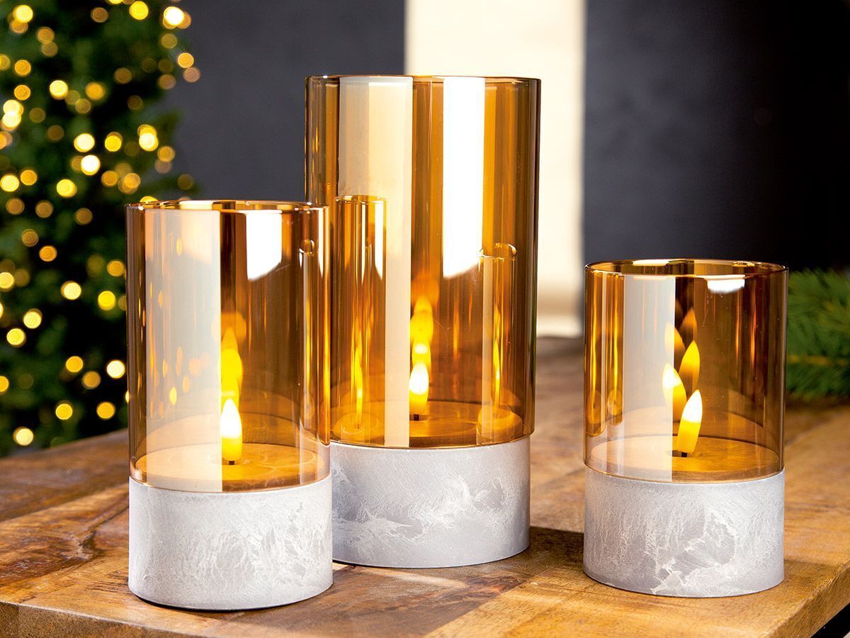 26114_2_4 Glas Windlicht LED Kerze bernstein 12,5cm