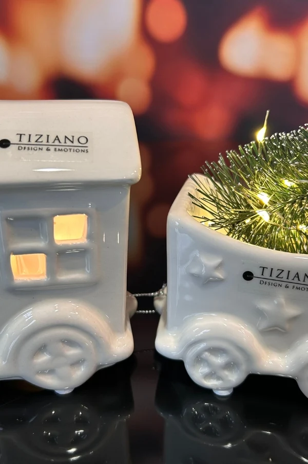 miniature train, train cars, ceramic decor, white pottery, houseplant planter