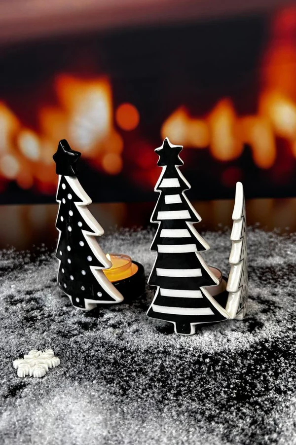 Teelichthalter Piccolumi mit Baum schwarz/cremeweiß