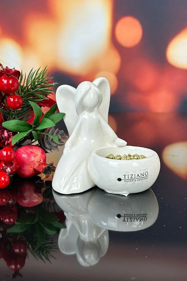 Engel Grazia mit Teelichtschale sitzend Dekofigur, Engel, Weihnachtsdekoration, Inzenseurner, Keramikfigur