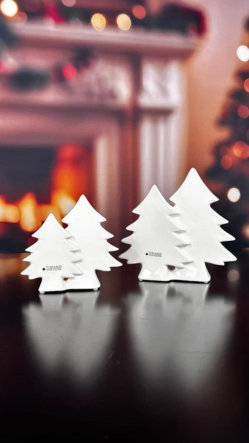 Doppelbaum Adelmo 15cm breit cremeweiß weiße Weihnachtsbäume, Keramikdeko, Baumfigurinen, Miniaturbäume, Fröhliche Dekoration