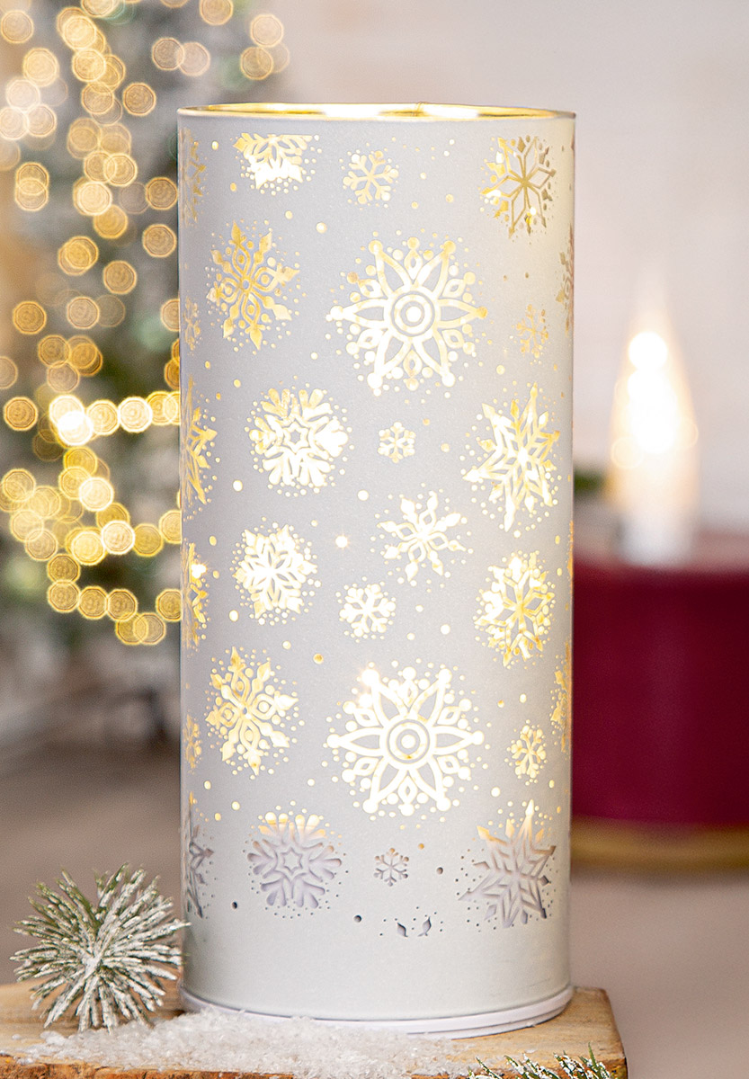 Glas Windlicht Lumira Schneeflocke weiß 20,5cm Teller, Dekorationsleuchte, Winterdeko, Schneeflocken, Laterne