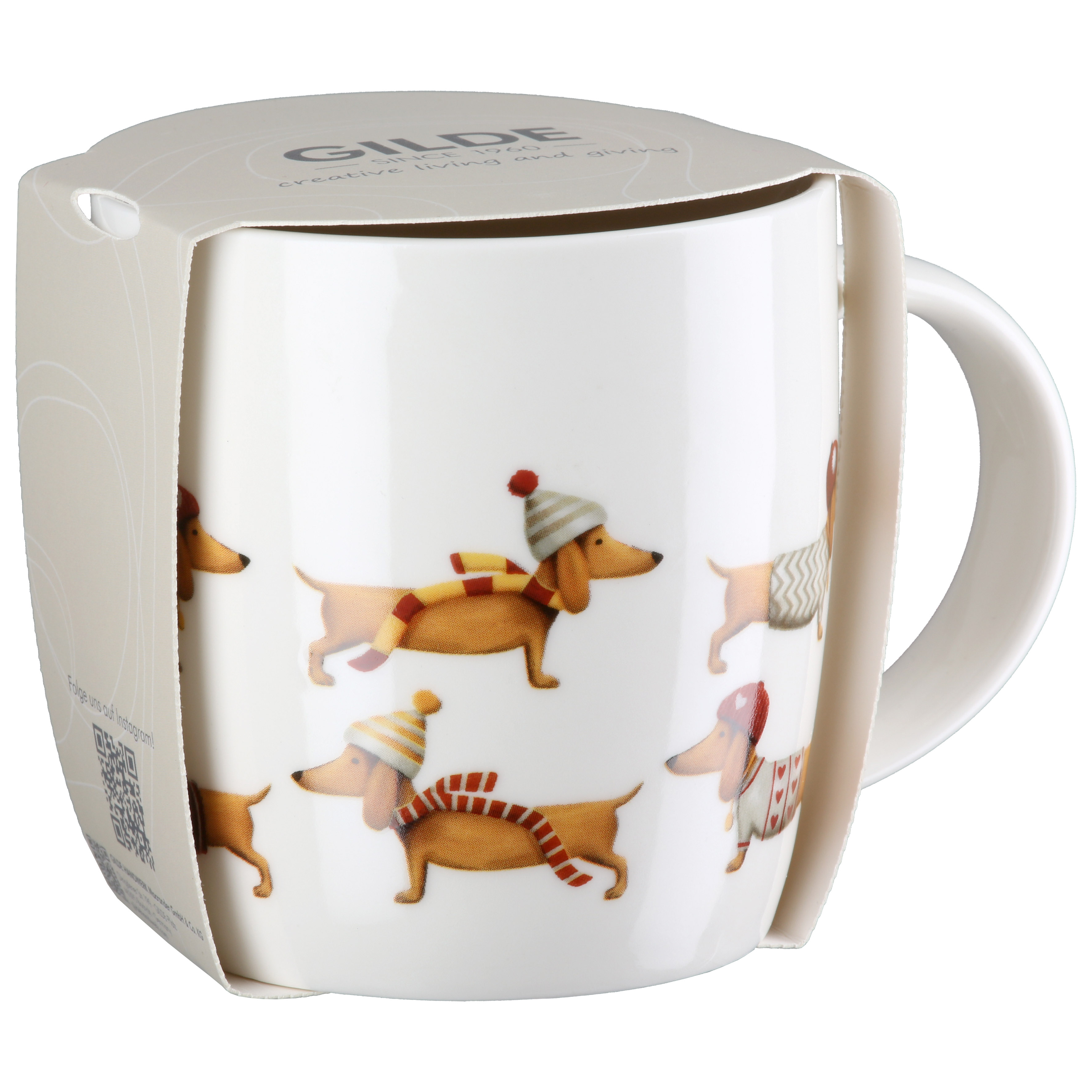 Tasse Frieda Dackelmotiv porzellanbecher, hundemotiv, winterschal, weißer becher, zubehör verpackung