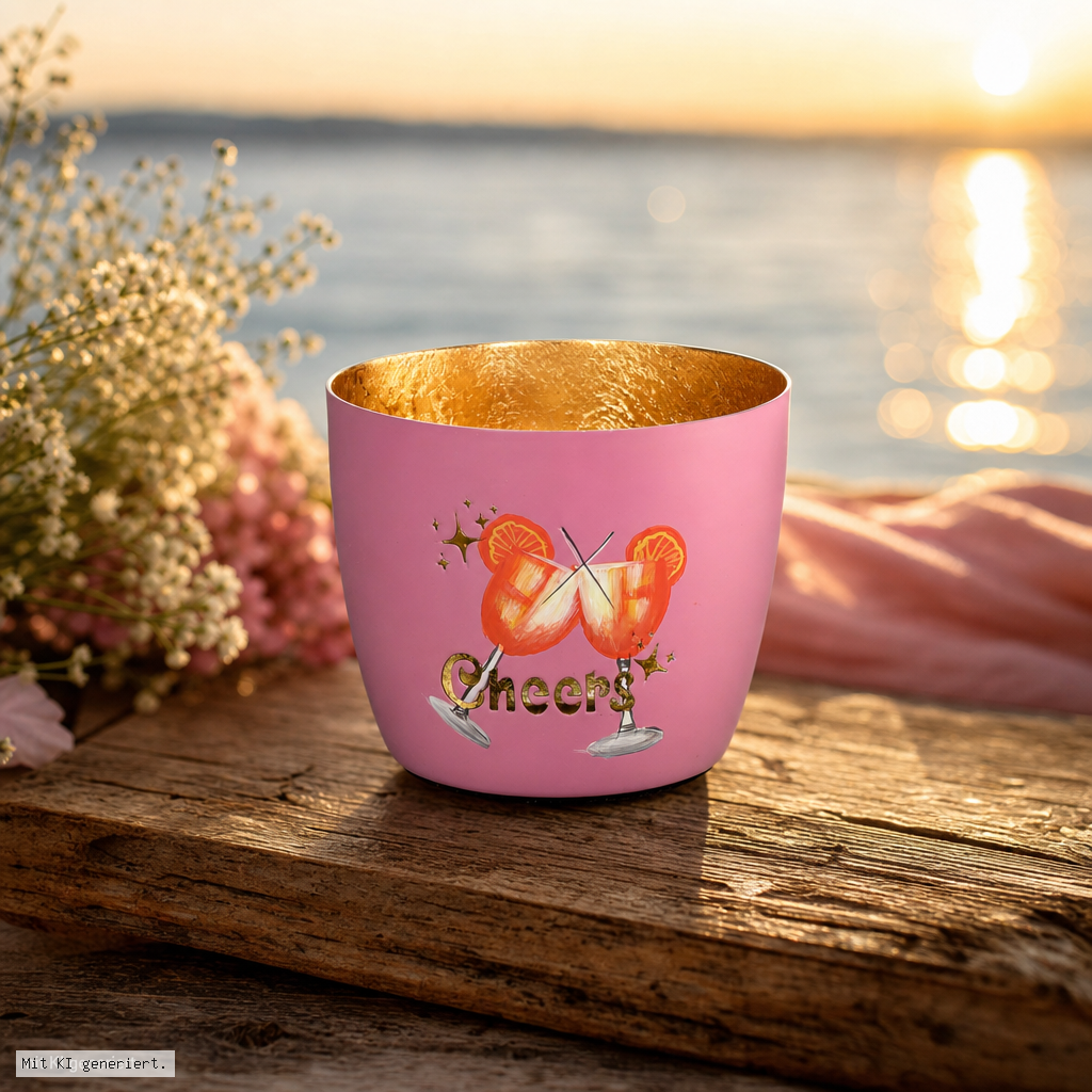 Madras Windlicht M mit Motiv Cheers in Rosa/Gold tasse, gläser, becher, pink, cheers