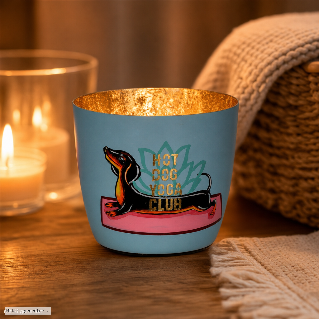 Madras Windlicht M mit Yoga Hund Motiv in Blau/Gold Kaffeebecher, Halbgläserner Becher, Motivbecher, Tiermotiv, Kerzenlicht-Set