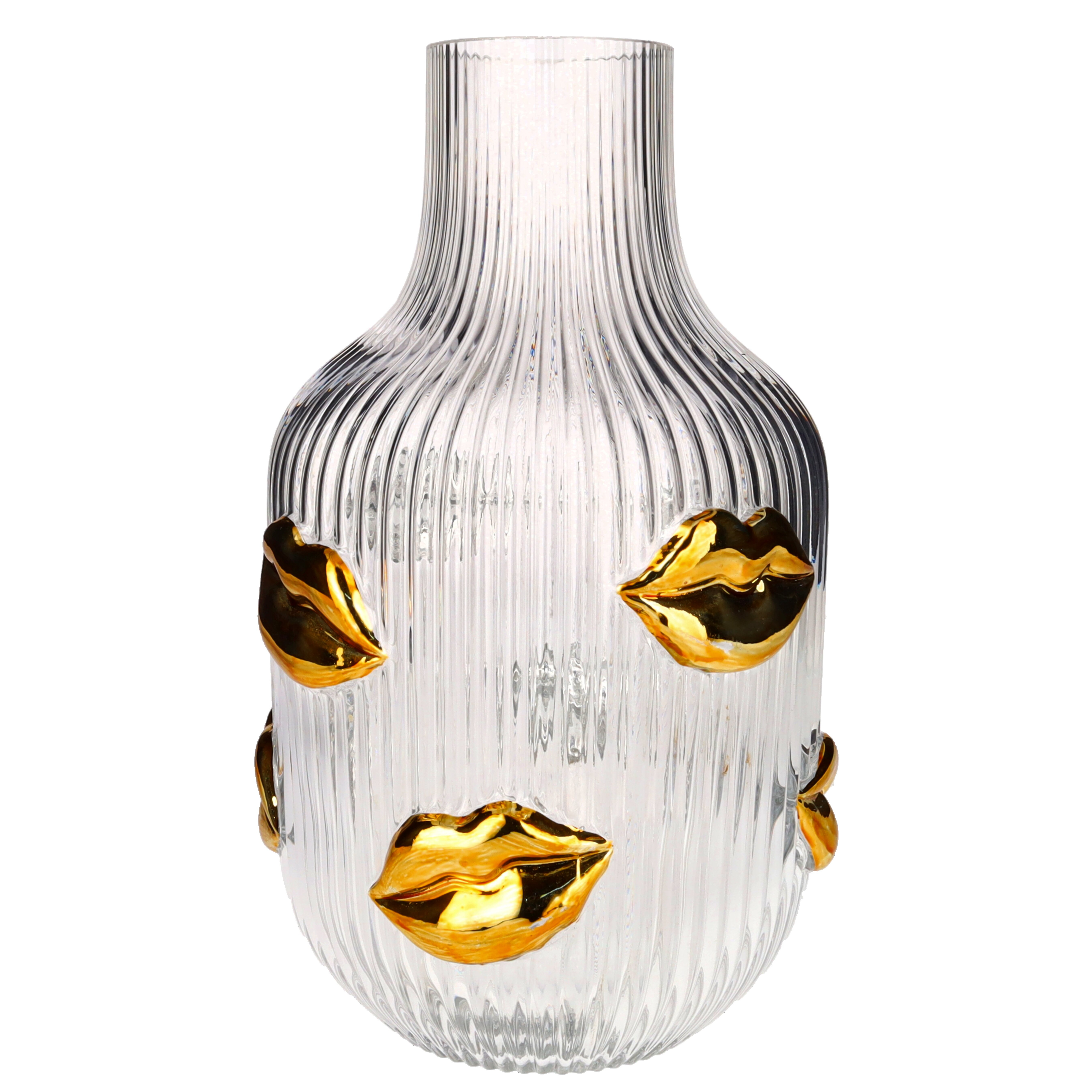 L´amour Vase mit goldenen Lippen, 30cm, transparent Vase, Glasvase, Frägemuster, Transparente Vase, Goldakzente