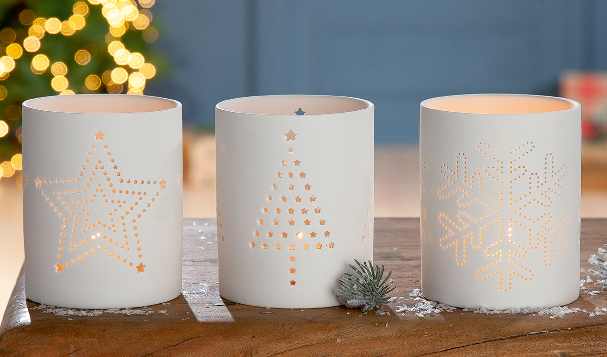 25891 Windlicht Weihnachten Keramik weiß 10cm (Schneeflocke)