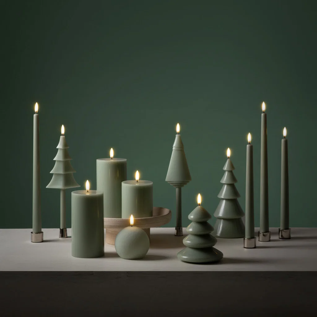 LED Spitzkerzen im 2er-Set, Sage Green, 2,3x25cm advent candles, grüne Kerzen, Kerzen aus Keramik, Stumpenkerzen, baumförmige Kerzen